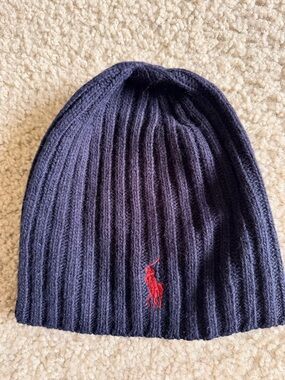 Polo by Ralph Lauren Navy Ribbed Knit Beanie with Red Logo